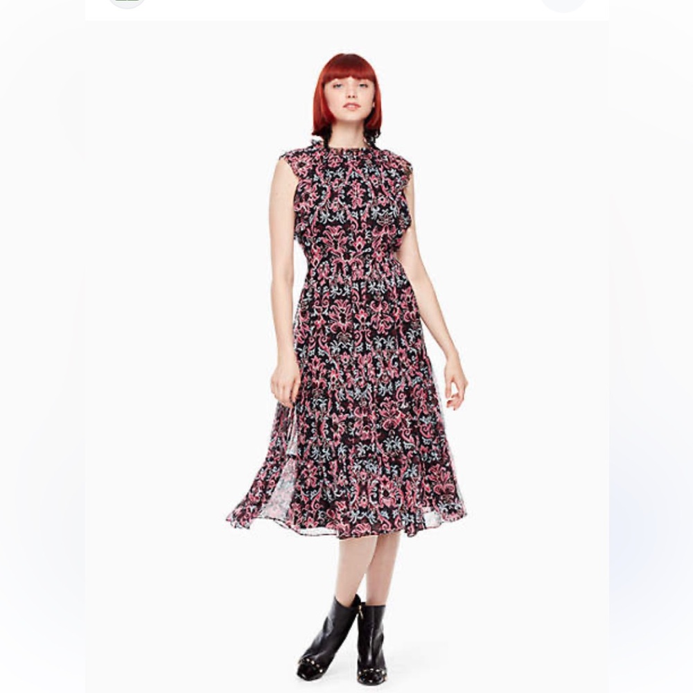 Kate Spade Chiffon Midi Dress in Black and Pink